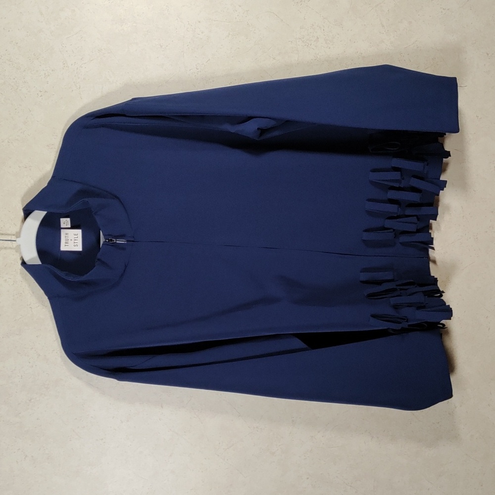2/$10 04533 Truth + Style navy blue knit zip front fringe trim jacket XL